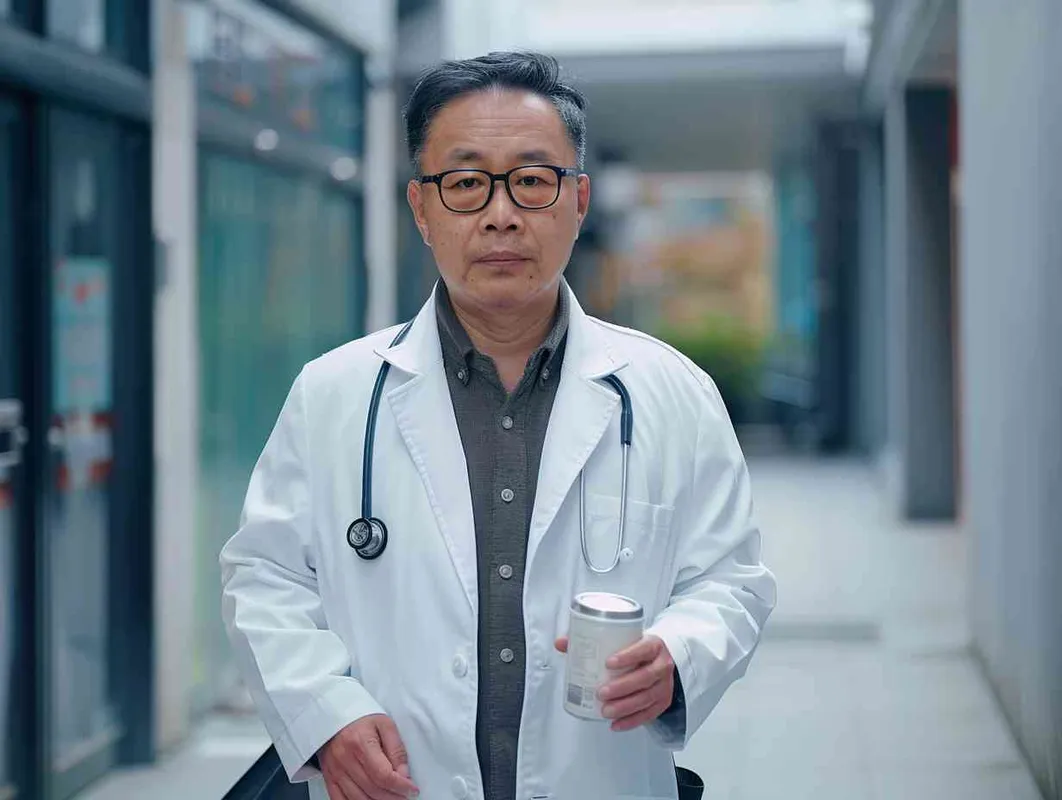 70岁，中国面孔，男，穿着白大褂，手持保温杯，听诊器，戴眼镜，慢慢地走，医院门诊，现代环境，真实，沧桑，疲惫，慈祥，和蔼，温柔 - style1部分