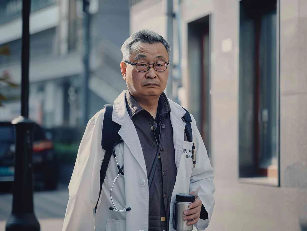 70岁，中国面孔，男，穿着白大褂，手持保温杯，听诊器，戴眼镜，慢慢地走，医院门诊，现代环境，真实，沧桑，疲惫，慈祥，和蔼，温柔 - style4部分