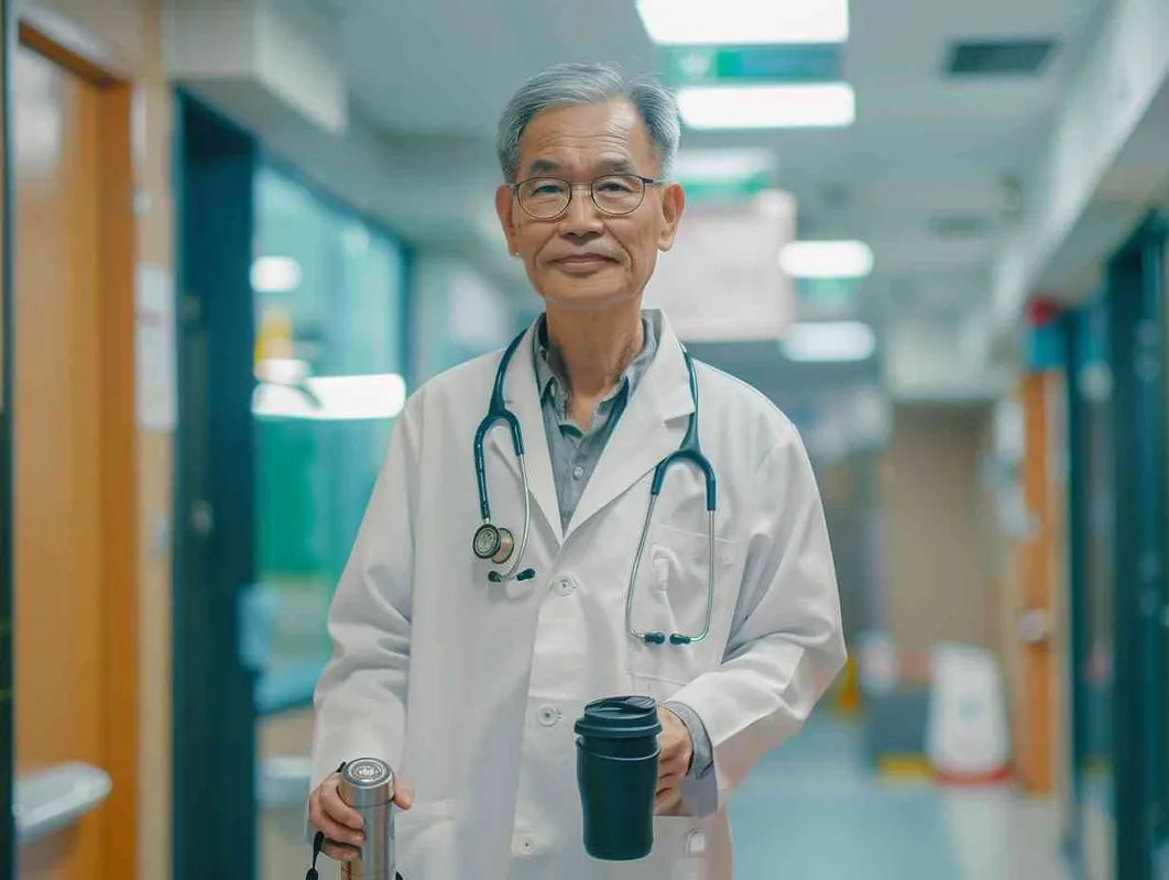 70岁，中国面孔，男，穿着白大褂，手持保温杯，听诊器，戴眼镜，慢慢地走，医院门诊，现代环境，真实，沧桑，疲惫，慈祥，和蔼，温柔  - style1部分