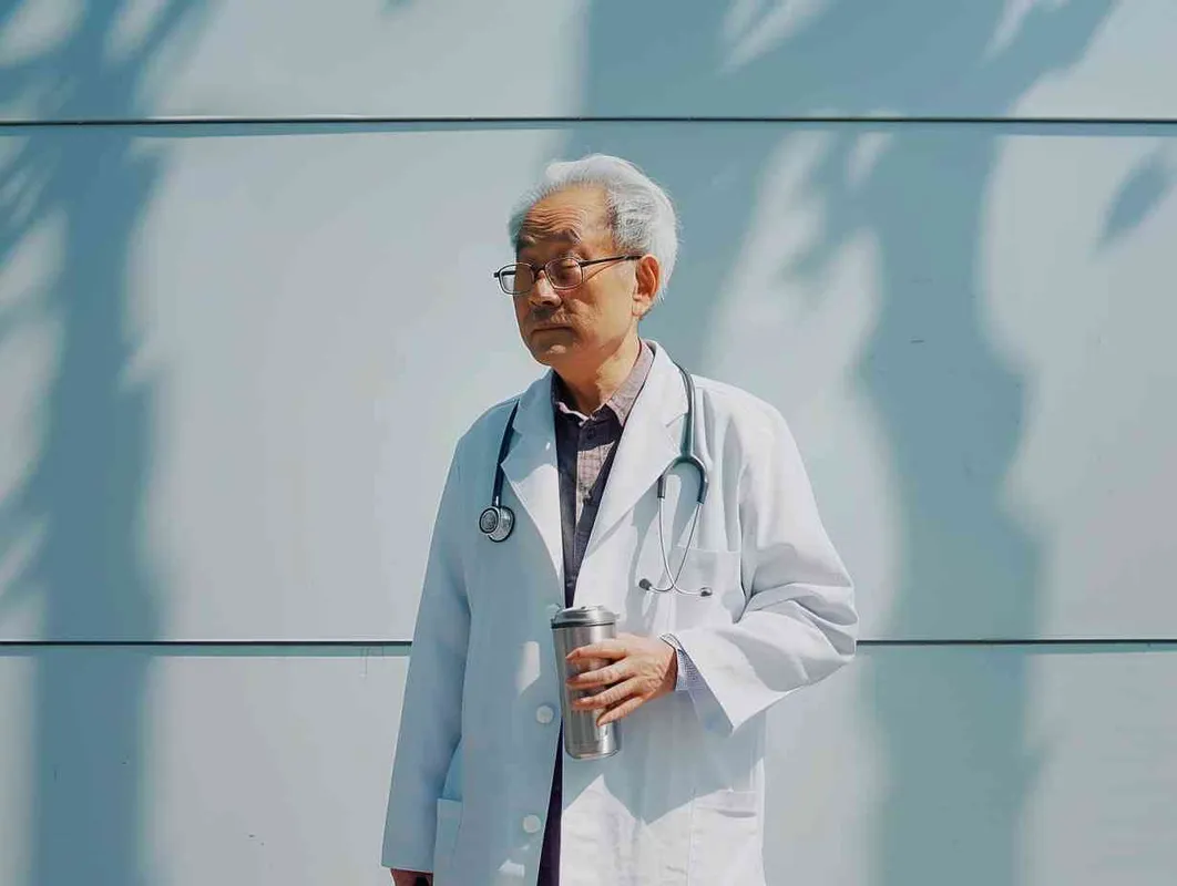 70岁，中国面孔，男，穿着白大褂，手持保温杯，听诊器，戴眼镜，慢慢地走，医院门诊，现代环境，真实，沧桑，疲惫，慈祥，和蔼，温柔  – AI绘画作品展示 | Midjourney中文版生成