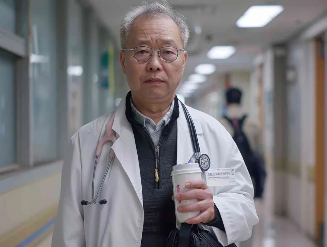 70岁，中国面孔，男，穿着白大褂，手持保温杯，听诊器，戴眼镜，慢慢地走，医院门诊，现代环境，真实，沧桑，疲惫，慈祥，和蔼，温柔  - style4部分