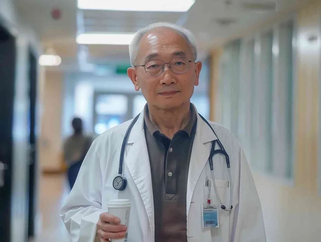 70岁，中国面孔，男，穿着白大褂，手持保温杯，听诊器，戴眼镜，慢慢地走，医院门诊，现代环境，真实，沧桑，疲惫，慈祥，和蔼，温柔 - style1部分