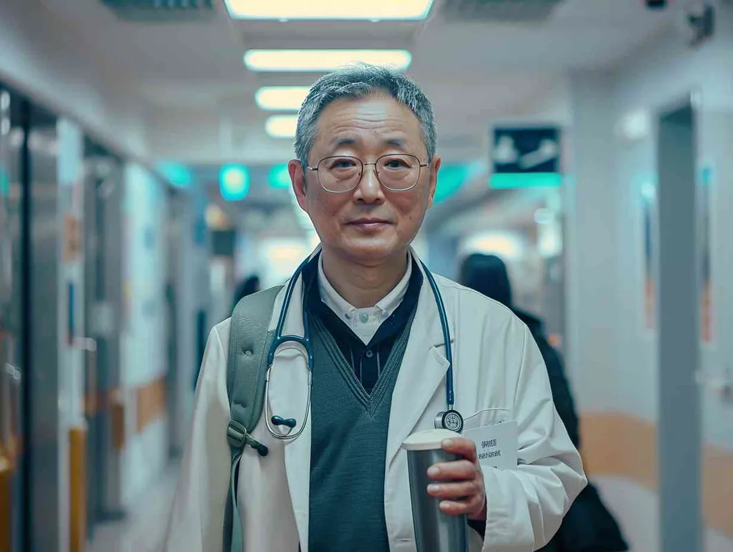 70岁，中国面孔，男，穿着白大褂，手持保温杯，听诊器，戴眼镜，慢慢地走，医院门诊，现代环境，真实，沧桑，疲惫，慈祥，和蔼，温柔 - style2部分