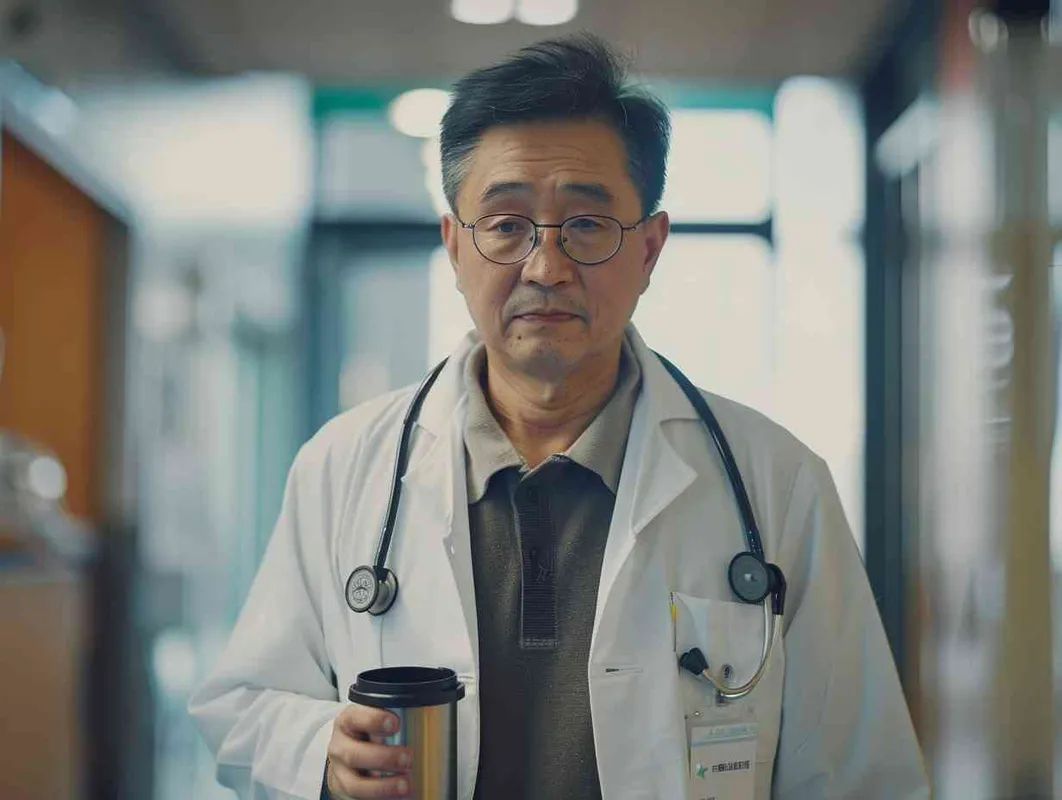 70岁，中国面孔，男，穿着白大褂，手持保温杯，听诊器，戴眼镜，慢慢地走，医院门诊，现代环境，真实，沧桑，疲惫，慈祥，和蔼，温柔 - style3部分