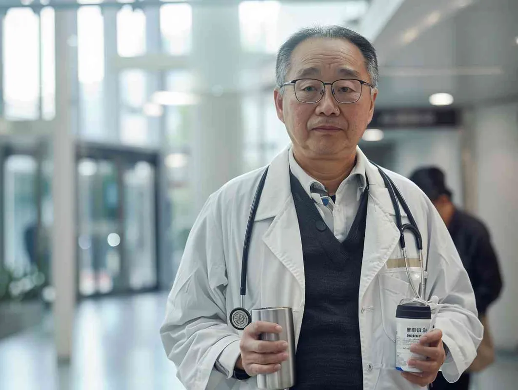70岁，中国面孔，男，穿着白大褂，手持保温杯，听诊器，戴眼镜，慢慢地走，医院门诊，现代环境，真实，沧桑，疲惫，慈祥，和蔼，温柔 - style4部分