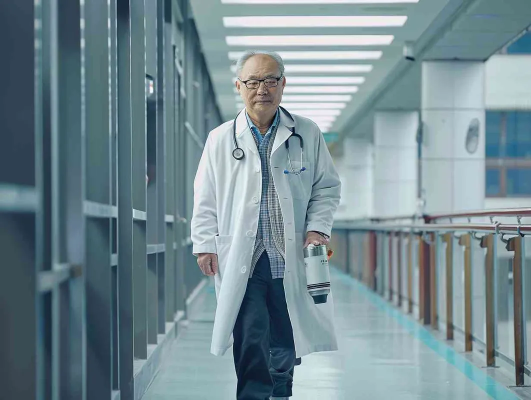70岁，中国面孔，男，穿着白大褂，手持保温杯，听诊器，戴眼镜，慢慢地走，医院门诊，现代环境，真实，沧桑，疲惫，慈祥，和蔼，温柔 - style1部分