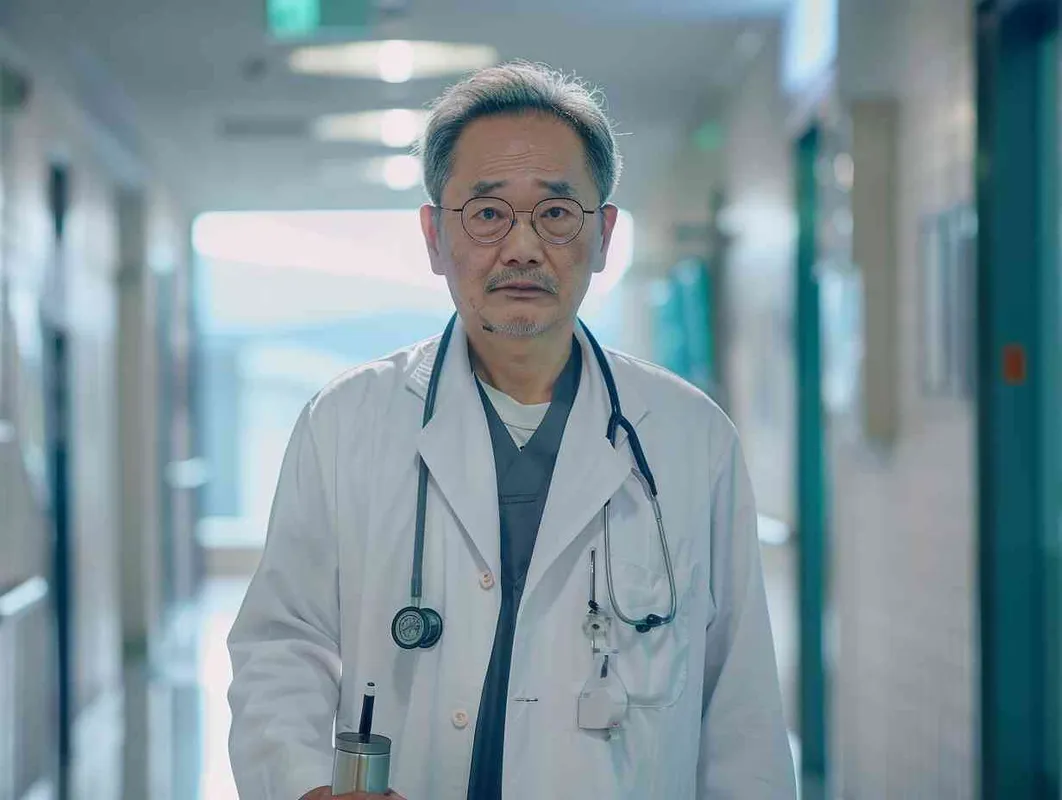 70岁，中国面孔，男，穿着白大褂，手持保温杯，听诊器，戴眼镜，慢慢地走，医院门诊，现代环境，真实，沧桑，疲惫，慈祥，和蔼，温柔 - style2部分