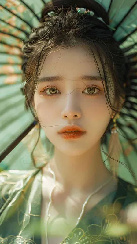 photo，close-up, young lady, Chinese aesthetics style，green background，umbrella --ar 2:3 --v 6.0 - style1部分