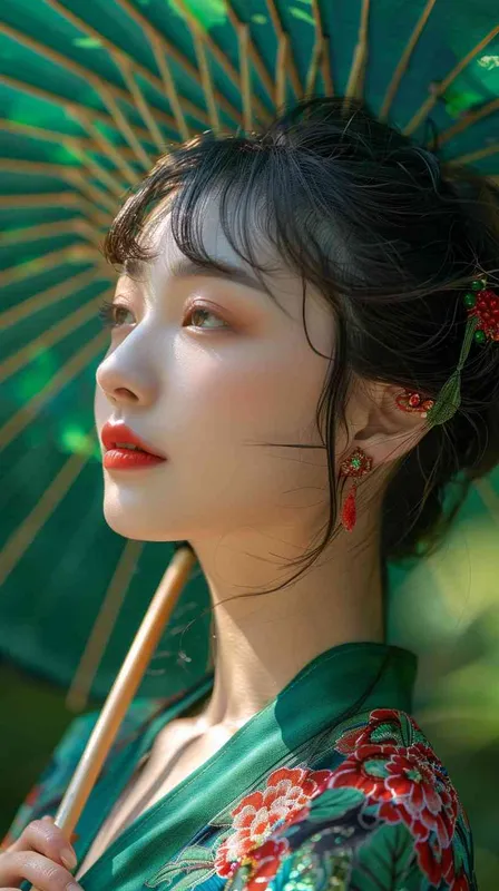 photo，close-up, young lady, Chinese aesthetics style，green background，umbrella --ar 2:3 --v 6.0 - style2部分