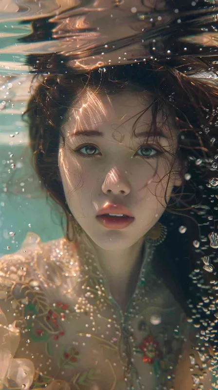 underwater, beautiful asian girl, retro futuristic, floating long hair,ornamented beautiful hippy, haute couture, fashion shoot - style1部分