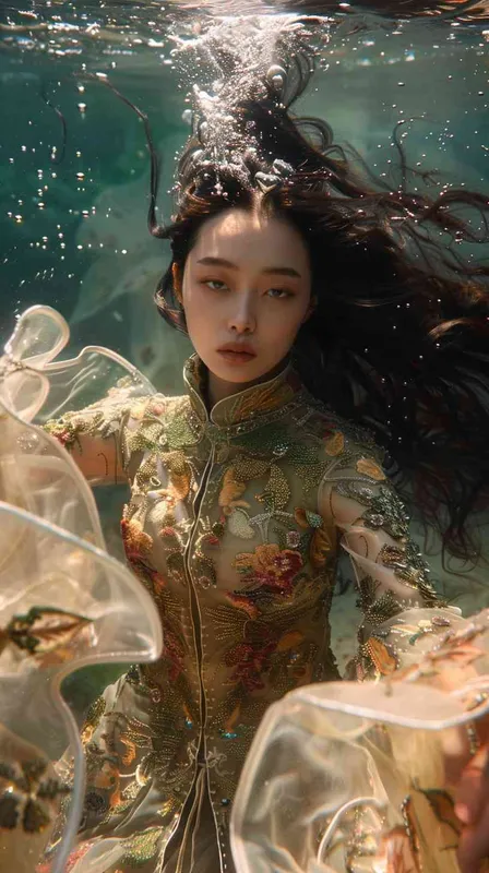 underwater, beautiful asian girl, retro futuristic, floating long hair,ornamented beautiful hippy, haute couture, fashion shoot - style2部分