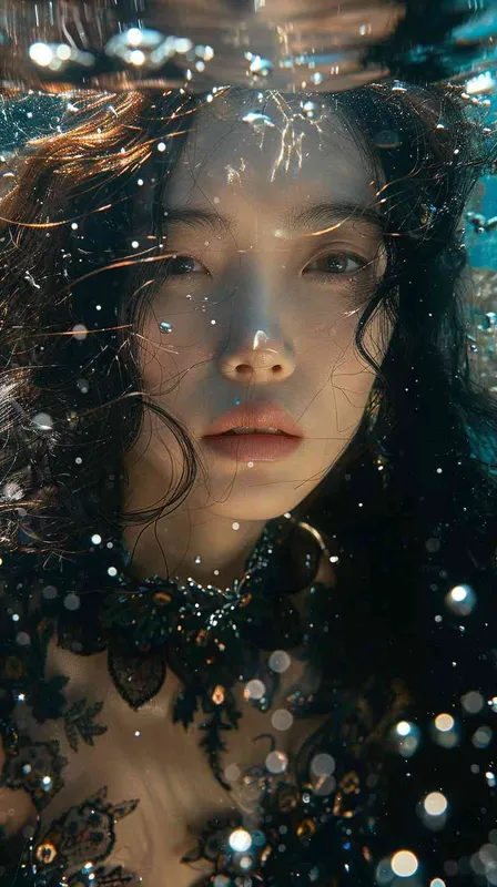 underwater, beautiful asian girl, retro futuristic, floating long hair,ornamented beautiful hippy, haute couture, fashion shoot - style3部分