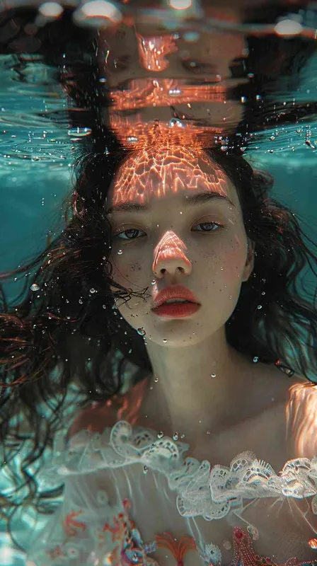 underwater, beautiful asian girl, retro futuristic, floating long hair,ornamented beautiful hippy, haute couture, fashion shoot - style4部分