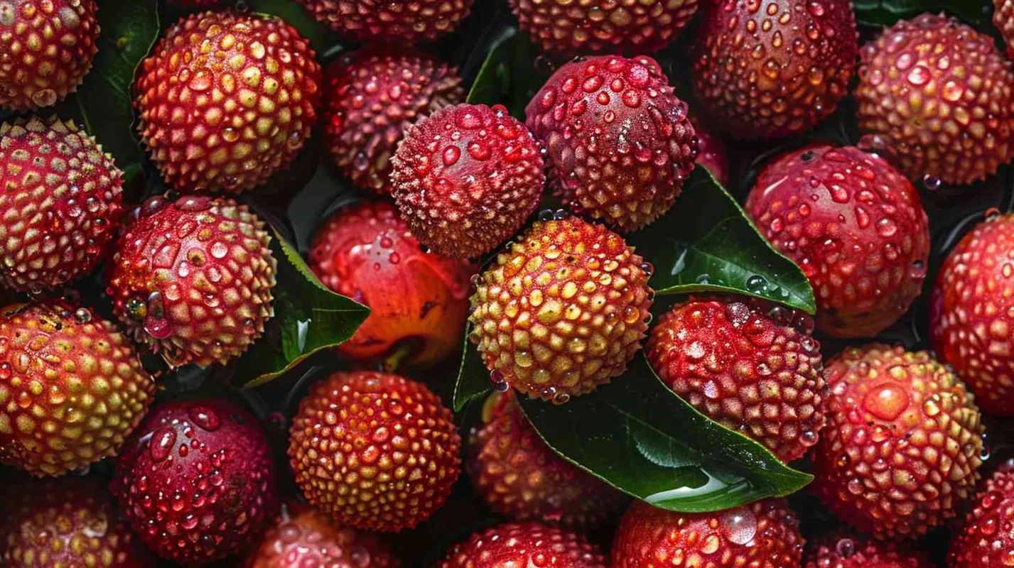 Lots of bright (red lychee), seamless background, visible drops of water, overhead angle, shot using a Hasselblad camera, ISO 100, softlight, award-winning photograph, color grading, high-end retouching, fine art, Advertising photography, Commercial photography - style1部分