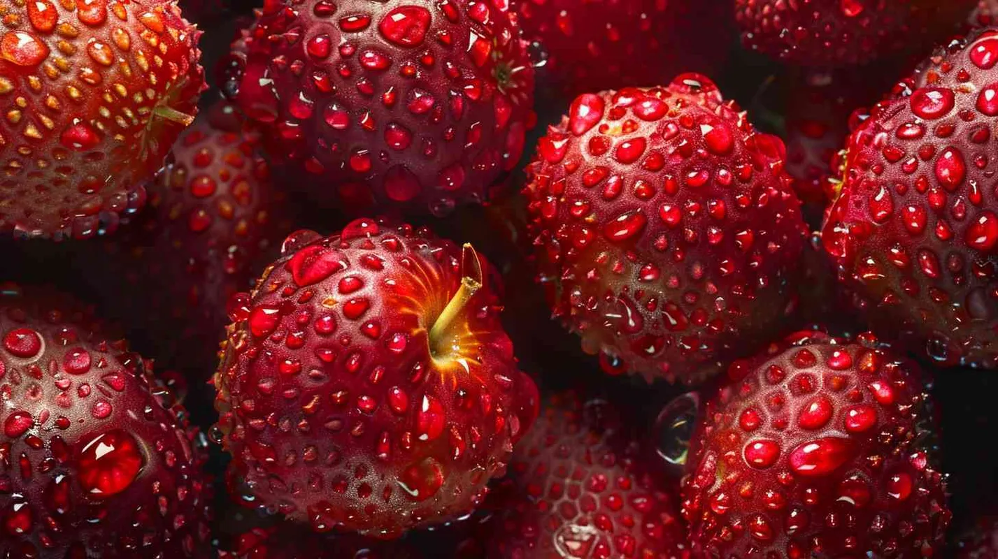 Lots of bright (red lychee), seamless background, visible drops of water, overhead angle, shot using a Hasselblad camera, ISO 100, softlight, award-winning photograph, color grading, high-end retouching, fine art, Advertising photography, Commercial photography - style2部分