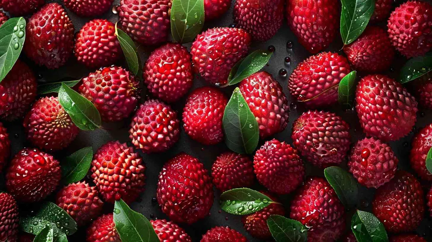 Lots of bright (red lychee), seamless background, visible drops of water, overhead angle, shot using a Hasselblad camera, ISO 100, softlight, award-winning photograph, color grading, high-end retouching, fine art, Advertising photography, Commercial photography - style3部分