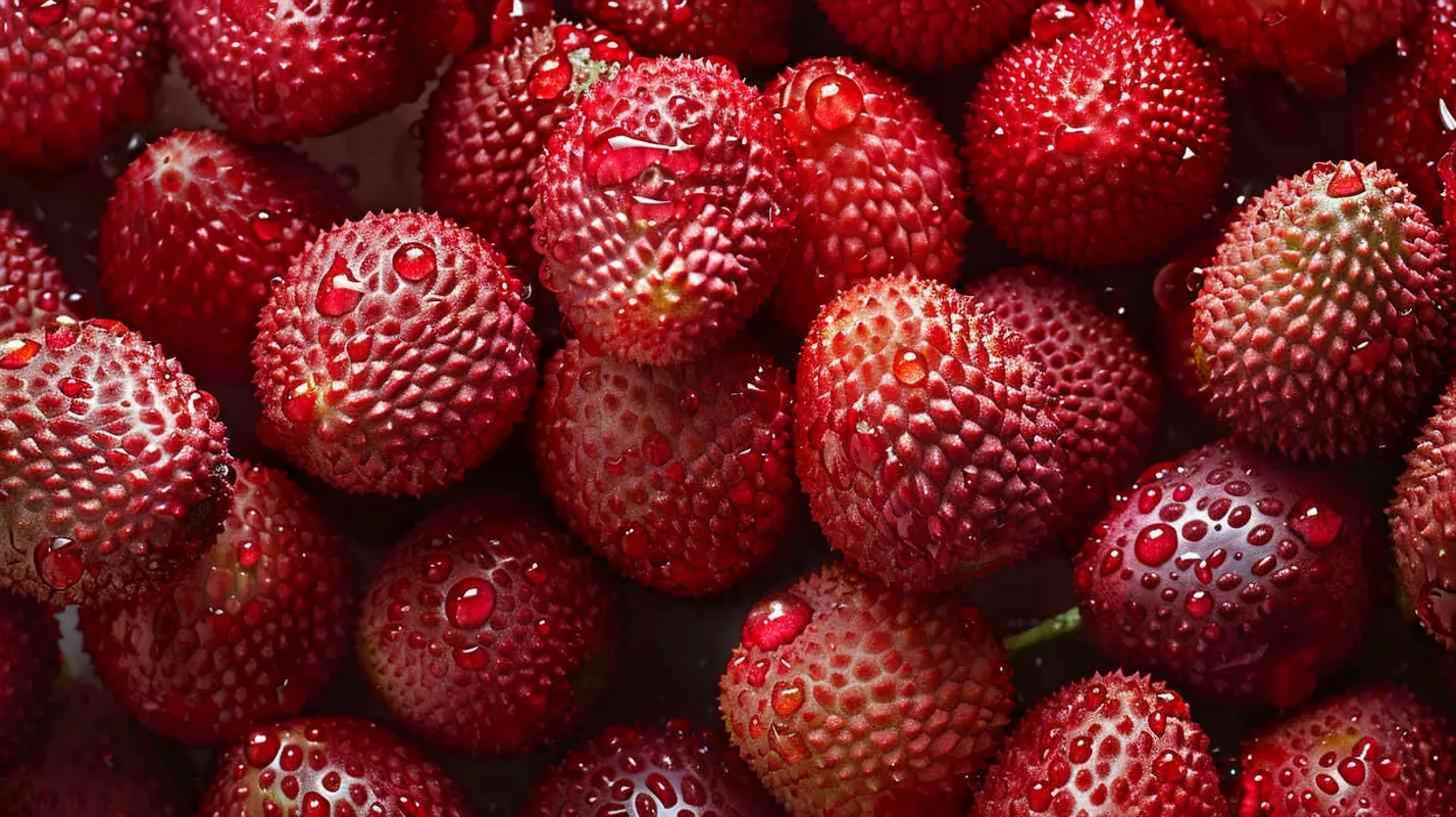 Lots of bright (red lychee), seamless background, visible drops of water, overhead angle, shot using a Hasselblad camera, ISO 100, softlight, award-winning photograph, color grading, high-end retouching, fine art, Advertising photography, Commercial photography - style4部分