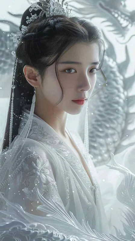 From a distance, under the white crystal dragon stands a Chinese beauty, 12 years old, looking for the view,  positive, smiling, wearing white Hanfu, background floating white clouds, light white and light green, texture dream, grand scene, dynamic design, water fusion, design balance, master works, movie lighting, ultra high definition, fine detail, color level, 32K HD - style2部分