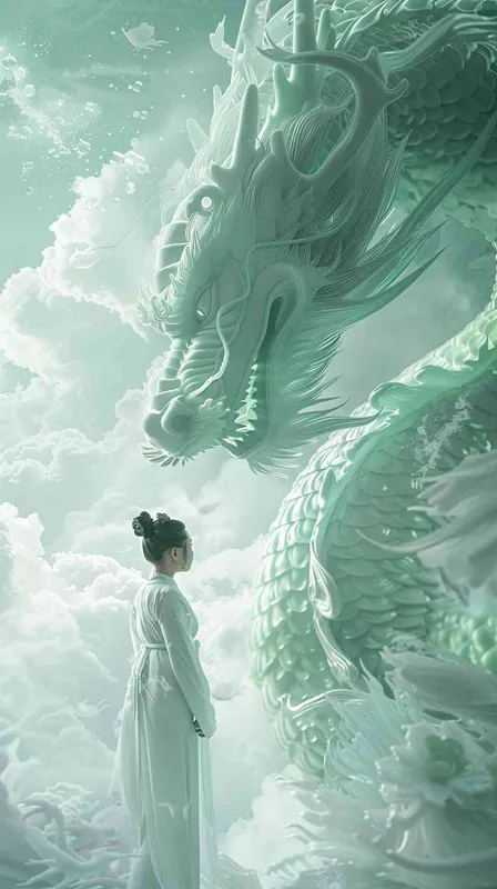 From a distance, under the white crystal dragon stands a Chinese beauty, 12 years old, looking for the view,  positive, smiling, wearing white Hanfu, background floating white clouds, light white and light green, texture dream, grand scene, dynamic design, water fusion, design balance, master works, movie lighting, ultra high definition, fine detail, color level, 32K HD - style3部分