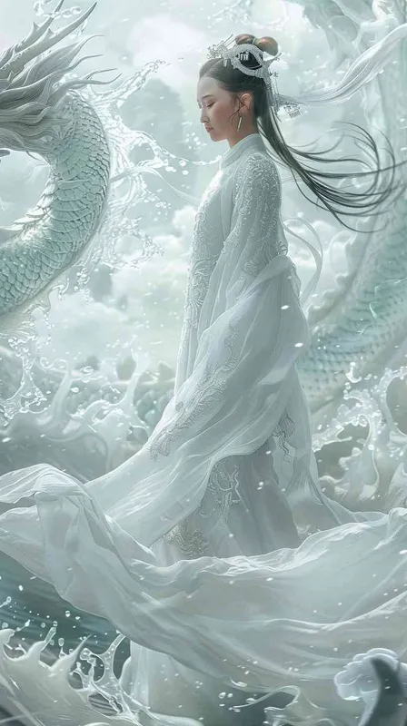 From a distance, under the white crystal dragon stands a Chinese beauty, 12 years old, looking for the view,  positive, smiling, wearing white Hanfu, background floating white clouds, light white and light green, texture dream, grand scene, dynamic design, water fusion, design balance, master works, movie lighting, ultra high definition, fine detail, color level, 32K HD - style4部分