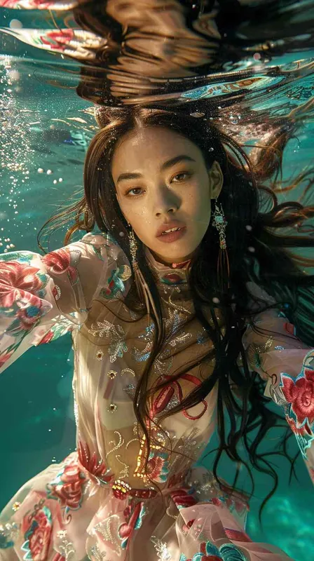 underwater, beautiful asian girl, retro futuristic, floating long hair,ornamented beautiful hippy, haute couture, fashion shoot – AI绘画作品展示 | Midjourney中文版生成