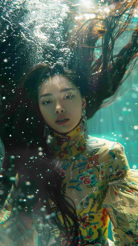 underwater, beautiful asian girl, retro futuristic, floating long hair,ornamented beautiful hippy, haute couture, fashion shoot - style2部分