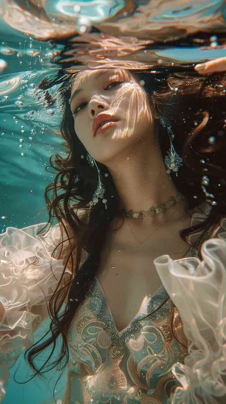 underwater, beautiful asian girl, retro futuristic, floating long hair,ornamented beautiful hippy, haute couture, fashion shoot - style4部分