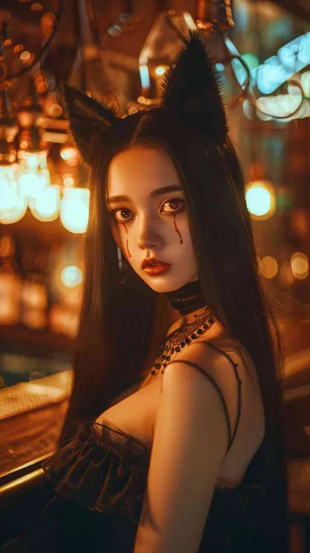 美艳少妇在酒吧，黑长直发，双眼皮，狐狸耳朵，九尾狐尾巴，红光眼泪，暗调，模糊背景，侧光，肖像镜头，复古风格，神秘感，悲伤情绪。 – AI绘画作品展示 | Midjourney中文版生成