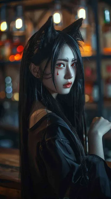 美艳少妇在酒吧，黑长直发，双眼皮，狐狸耳朵，九尾狐尾巴，红光眼泪，暗调，模糊背景，侧光，肖像镜头，复古风格，神秘感，悲伤情绪。 - style2部分