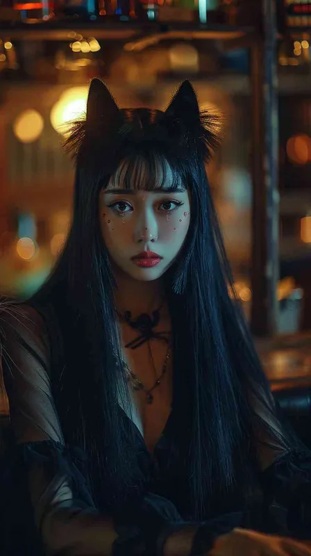美艳少妇在酒吧，黑长直发，双眼皮，狐狸耳朵，九尾狐尾巴，红光眼泪，暗调，模糊背景，侧光，肖像镜头，复古风格，神秘感，悲伤情绪。 - style3部分