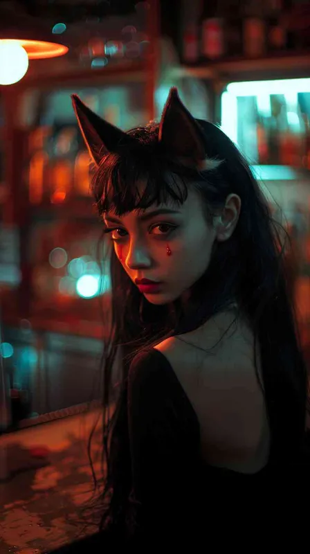 美艳少妇在酒吧，黑长直发，双眼皮，狐狸耳朵，九尾狐尾巴，红光眼泪，暗调，模糊背景，侧光，肖像镜头，复古风格，神秘感，悲伤情绪。 - style4部分