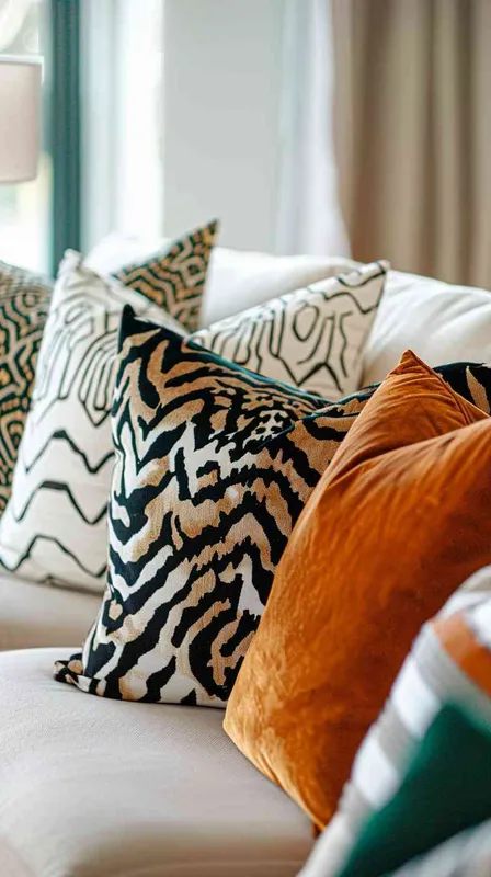 Cinematic,
Lifestyle Photography,
Showcasing a collection of tiger-themed and geometric patterned throw pillows in a realistic home setting,
Combination of close-up and wide shots,
An American-style living room with a cozy, natural ambience, lit by natural light from large floor-to-ceiling windows,
Fashion incorporates modern, cozy elements, reflecting a mix of vibrant and earthy tones found in the pillow designs,
2023,
Kodak Portra 400,
DSLR with a 50mm lens,
Inspired by Nancy Meyers' cozy and inviting directorial style,
Emotion conveyed is contentment and comfort,
Lighting is soft and natural, highlighting the pillows' textures and colors in a bright, welcoming space,
Color scheme is a balance of earth tones with vibrant accents of orange and green from the tiger patterns and geometric shapes,
Costume Description not applicable,
Fashion Color Palette consists of earthy tones with vibrant accents matching the tiger and geometric designs,
Fashion Brand not specific,
Fashion Material is a blend of cotton and linen for the throw pillows.

--ar 16:9 --s 700 --style raw --w 250 - style1部分