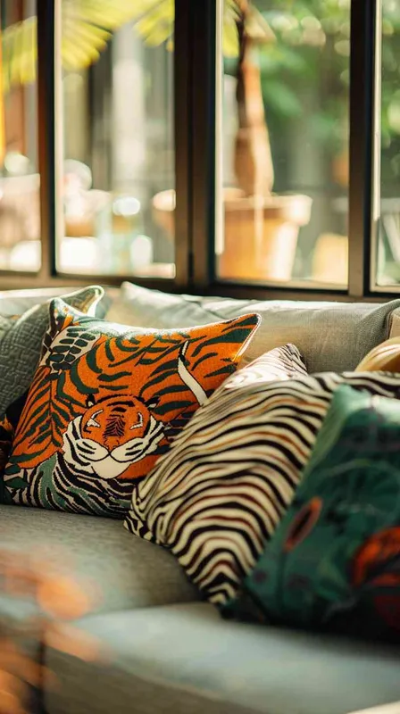 Cinematic,
Lifestyle Photography,
Showcasing a collection of tiger-themed and geometric patterned throw pillows in a realistic home setting,
Combination of close-up and wide shots,
An American-style living room with a cozy, natural ambience, lit by natural light from large floor-to-ceiling windows,
Fashion incorporates modern, cozy elements, reflecting a mix of vibrant and earthy tones found in the pillow designs,
2023,
Kodak Portra 400,
DSLR with a 50mm lens,
Inspired by Nancy Meyers' cozy and inviting directorial style,
Emotion conveyed is contentment and comfort,
Lighting is soft and natural, highlighting the pillows' textures and colors in a bright, welcoming space,
Color scheme is a balance of earth tones with vibrant accents of orange and green from the tiger patterns and geometric shapes,
Costume Description not applicable,
Fashion Color Palette consists of earthy tones with vibrant accents matching the tiger and geometric designs,
Fashion Brand not specific,
Fashion Material is a blend of cotton and linen for the throw pillows.

--ar 16:9 --s 700 --style raw --w 250 - style2部分