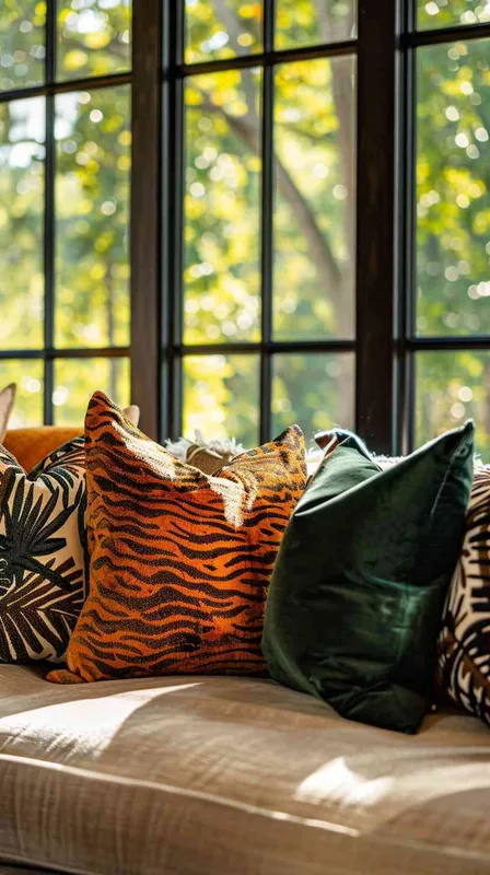 Cinematic,
Lifestyle Photography,
Showcasing a collection of tiger-themed and geometric patterned throw pillows in a realistic home setting,
Combination of close-up and wide shots,
An American-style living room with a cozy, natural ambience, lit by natural light from large floor-to-ceiling windows,
Fashion incorporates modern, cozy elements, reflecting a mix of vibrant and earthy tones found in the pillow designs,
2023,
Kodak Portra 400,
DSLR with a 50mm lens,
Inspired by Nancy Meyers' cozy and inviting directorial style,
Emotion conveyed is contentment and comfort,
Lighting is soft and natural, highlighting the pillows' textures and colors in a bright, welcoming space,
Color scheme is a balance of earth tones with vibrant accents of orange and green from the tiger patterns and geometric shapes,
Costume Description not applicable,
Fashion Color Palette consists of earthy tones with vibrant accents matching the tiger and geometric designs,
Fashion Brand not specific,
Fashion Material is a blend of cotton and linen for the throw pillows.

--ar 16:9 --s 700 --style raw --w 250 - style3部分