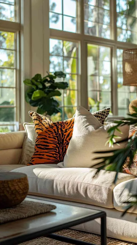Cinematic,
Lifestyle Photography,
Showcasing a collection of tiger-themed and geometric patterned throw pillows in a realistic home setting,
Combination of close-up and wide shots,
An American-style living room with a cozy, natural ambience, lit by natural light from large floor-to-ceiling windows,
Fashion incorporates modern, cozy elements, reflecting a mix of vibrant and earthy tones found in the pillow designs,
2023,
Kodak Portra 400,
DSLR with a 50mm lens,
Inspired by Nancy Meyers' cozy and inviting directorial style,
Emotion conveyed is contentment and comfort,
Lighting is soft and natural, highlighting the pillows' textures and colors in a bright, welcoming space,
Color scheme is a balance of earth tones with vibrant accents of orange and green from the tiger patterns and geometric shapes,
Costume Description not applicable,
Fashion Color Palette consists of earthy tones with vibrant accents matching the tiger and geometric designs,
Fashion Brand not specific,
Fashion Material is a blend of cotton and linen for the throw pillows.

--ar 16:9 --s 700 --style raw --w 250 - style4部分