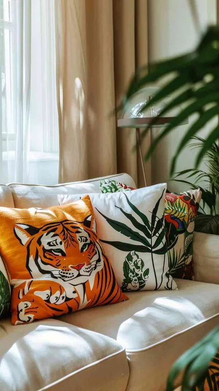 Inside a brightly lit living room blending natural and artificial light for a soft yet clear effect, a sofa covered in cotton-linen fabric showcases a collection of eight throw pillows. The arrangement includes designs with tiger elements, such as two with tiger faces and others with tiger patterns, alongside pillows with geometric and botanical designs in colors that complement the tiger theme, all set against a cool color backdrop. The scene features minimalist touches, like fabric curtains and a mix of large and small green plants, aiming to convey a warm, comfortable atmosphere with modern rustic accents. The scene's photography employs HDR and a shallow depth of field to highlight the delicate balance of patterns and the texture of the pillows, captured through a thoughtful rule of thirds composition. --v 6.0 --ar 16:9 --style raw - style1部分