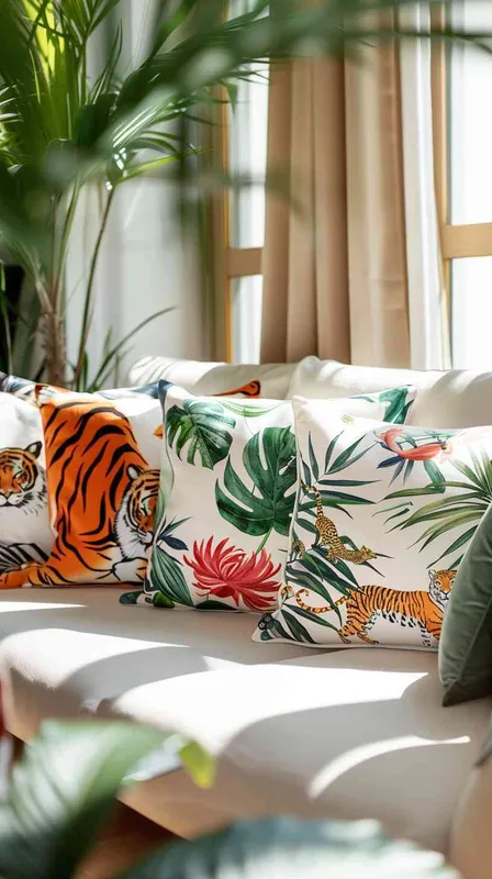 Inside a brightly lit living room blending natural and artificial light for a soft yet clear effect, a sofa covered in cotton-linen fabric showcases a collection of eight throw pillows. The arrangement includes designs with tiger elements, such as two with tiger faces and others with tiger patterns, alongside pillows with geometric and botanical designs in colors that complement the tiger theme, all set against a cool color backdrop. The scene features minimalist touches, like fabric curtains and a mix of large and small green plants, aiming to convey a warm, comfortable atmosphere with modern rustic accents. The scene's photography employs HDR and a shallow depth of field to highlight the delicate balance of patterns and the texture of the pillows, captured through a thoughtful rule of thirds composition. --v 6.0 --ar 16:9 --style raw - style2部分