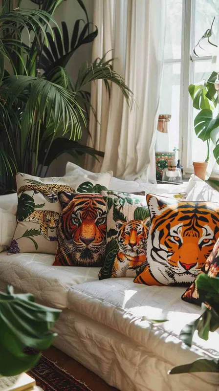 Inside a brightly lit living room blending natural and artificial light for a soft yet clear effect, a sofa covered in cotton-linen fabric showcases a collection of eight throw pillows. The arrangement includes designs with tiger elements, such as two with tiger faces and others with tiger patterns, alongside pillows with geometric and botanical designs in colors that complement the tiger theme, all set against a cool color backdrop. The scene features minimalist touches, like fabric curtains and a mix of large and small green plants, aiming to convey a warm, comfortable atmosphere with modern rustic accents. The scene's photography employs HDR and a shallow depth of field to highlight the delicate balance of patterns and the texture of the pillows, captured through a thoughtful rule of thirds composition. --v 6.0 --ar 16:9 --style raw - style3部分