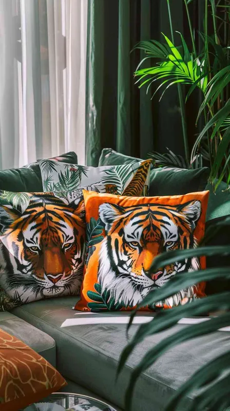 Inside a brightly lit living room blending natural and artificial light for a soft yet clear effect, a sofa covered in cotton-linen fabric showcases a collection of eight throw pillows. The arrangement includes designs with tiger elements, such as two with tiger faces and others with tiger patterns, alongside pillows with geometric and botanical designs in colors that complement the tiger theme, all set against a cool color backdrop. The scene features minimalist touches, like fabric curtains and a mix of large and small green plants, aiming to convey a warm, comfortable atmosphere with modern rustic accents. The scene's photography employs HDR and a shallow depth of field to highlight the delicate balance of patterns and the texture of the pillows, captured through a thoughtful rule of thirds composition. --v 6.0 --ar 16:9 --style raw - style4部分