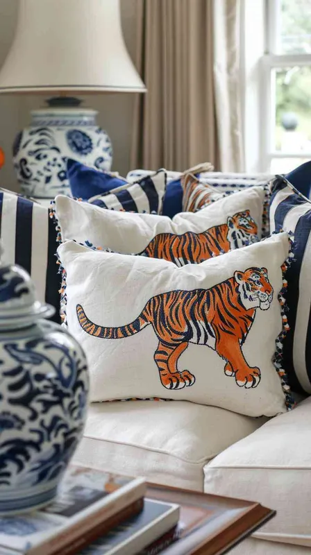 Envision a modern American living room, illuminated by natural light with added frontal lighting for clarity, where a cotton-linen sofa is elegantly adorned with eight meticulously designed throw pillows. This collection includes tiger-themed pillows, with at least two showcasing detailed tiger faces and others featuring abstract tiger patterns, complemented by pillows with geometric shapes and plant motifs that match the tiger colors in a cool palette. The room is enhanced with decorative elements like a Chinese blue and white porcelain vase, creating a harmonious blend of modern and traditional. The photography style is set to HDR and shallow depth of field, focusing on the rich textures and designs of the pillows, arranged to demonstrate the inviting and slightly pastoral vibe of the space. --v 6.0 --ar 16:9 --style raw - style1部分