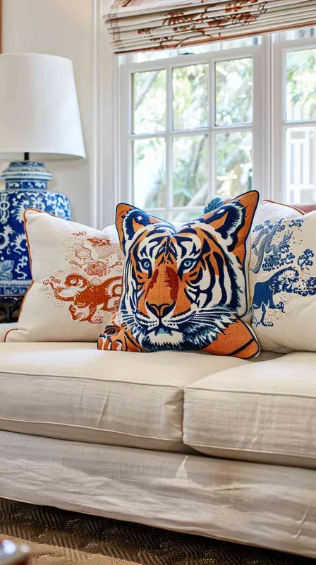 Envision a modern American living room, illuminated by natural light with added frontal lighting for clarity, where a cotton-linen sofa is elegantly adorned with eight meticulously designed throw pillows. This collection includes tiger-themed pillows, with at least two showcasing detailed tiger faces and others featuring abstract tiger patterns, complemented by pillows with geometric shapes and plant motifs that match the tiger colors in a cool palette. The room is enhanced with decorative elements like a Chinese blue and white porcelain vase, creating a harmonious blend of modern and traditional. The photography style is set to HDR and shallow depth of field, focusing on the rich textures and designs of the pillows, arranged to demonstrate the inviting and slightly pastoral vibe of the space. --v 6.0 --ar 16:9 --style raw - style2部分