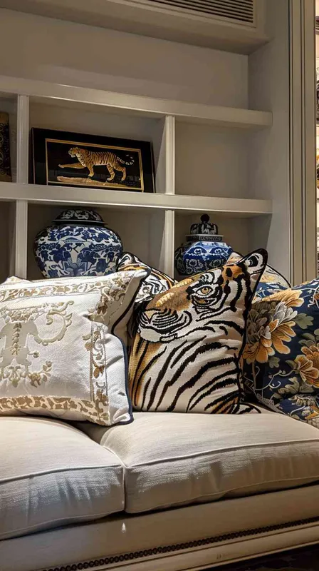 Envision a modern American living room, illuminated by natural light with added frontal lighting for clarity, where a cotton-linen sofa is elegantly adorned with eight meticulously designed throw pillows. This collection includes tiger-themed pillows, with at least two showcasing detailed tiger faces and others featuring abstract tiger patterns, complemented by pillows with geometric shapes and plant motifs that match the tiger colors in a cool palette. The room is enhanced with decorative elements like a Chinese blue and white porcelain vase, creating a harmonious blend of modern and traditional. The photography style is set to HDR and shallow depth of field, focusing on the rich textures and designs of the pillows, arranged to demonstrate the inviting and slightly pastoral vibe of the space. --v 6.0 --ar 16:9 --style raw - style3部分