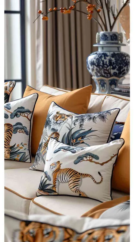 Envision a modern American living room, illuminated by natural light with added frontal lighting for clarity, where a cotton-linen sofa is elegantly adorned with eight meticulously designed throw pillows. This collection includes tiger-themed pillows, with at least two showcasing detailed tiger faces and others featuring abstract tiger patterns, complemented by pillows with geometric shapes and plant motifs that match the tiger colors in a cool palette. The room is enhanced with decorative elements like a Chinese blue and white porcelain vase, creating a harmonious blend of modern and traditional. The photography style is set to HDR and shallow depth of field, focusing on the rich textures and designs of the pillows, arranged to demonstrate the inviting and slightly pastoral vibe of the space. --v 6.0 --ar 16:9 --style raw - style4部分