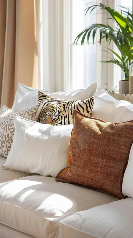 In a sunlit American-style living room with side and frontal lighting creating a bright, layered atmosphere, a cotton-linen fabric sofa hosts eight distinct throw pillows. Among them, two feature prominently designed tiger heads, another one or two showcase tiger stripes or partial tiger body prints, and the rest are adorned with geometric and simple botanical patterns that harmoniously blend with the tiger motifs in a cool color scheme. The scene, framed by soft fabric curtains and a backdrop of large and small potted plants, aims to capture a cozy, comfortable ambiance with a touch of rustic charm. Photography utilizes HDR and shallow depth of field styles for a vivid portrayal, following the rule of thirds composition to emphasize the detail and texture of each pillow against a contemporary and realistic setting. --v 6.0 --ar 16:9 --style raw - style1部分