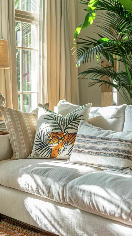 In a sunlit American-style living room with side and frontal lighting creating a bright, layered atmosphere, a cotton-linen fabric sofa hosts eight distinct throw pillows. Among them, two feature prominently designed tiger heads, another one or two showcase tiger stripes or partial tiger body prints, and the rest are adorned with geometric and simple botanical patterns that harmoniously blend with the tiger motifs in a cool color scheme. The scene, framed by soft fabric curtains and a backdrop of large and small potted plants, aims to capture a cozy, comfortable ambiance with a touch of rustic charm. Photography utilizes HDR and shallow depth of field styles for a vivid portrayal, following the rule of thirds composition to emphasize the detail and texture of each pillow against a contemporary and realistic setting. --v 6.0 --ar 16:9 --style raw - style2部分