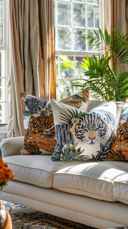 In a sunlit American-style living room with side and frontal lighting creating a bright, layered atmosphere, a cotton-linen fabric sofa hosts eight distinct throw pillows. Among them, two feature prominently designed tiger heads, another one or two showcase tiger stripes or partial tiger body prints, and the rest are adorned with geometric and simple botanical patterns that harmoniously blend with the tiger motifs in a cool color scheme. The scene, framed by soft fabric curtains and a backdrop of large and small potted plants, aims to capture a cozy, comfortable ambiance with a touch of rustic charm. Photography utilizes HDR and shallow depth of field styles for a vivid portrayal, following the rule of thirds composition to emphasize the detail and texture of each pillow against a contemporary and realistic setting. --v 6.0 --ar 16:9 --style raw - style3部分