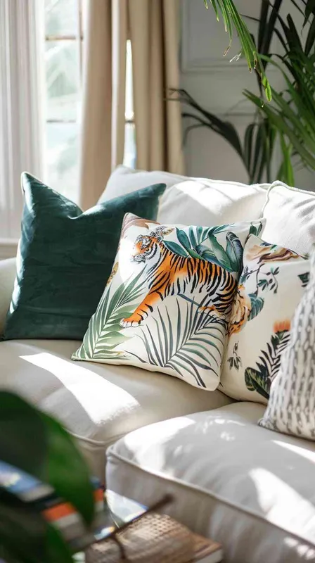 In a sunlit American-style living room with side and frontal lighting creating a bright, layered atmosphere, a cotton-linen fabric sofa hosts eight distinct throw pillows. Among them, two feature prominently designed tiger heads, another one or two showcase tiger stripes or partial tiger body prints, and the rest are adorned with geometric and simple botanical patterns that harmoniously blend with the tiger motifs in a cool color scheme. The scene, framed by soft fabric curtains and a backdrop of large and small potted plants, aims to capture a cozy, comfortable ambiance with a touch of rustic charm. Photography utilizes HDR and shallow depth of field styles for a vivid portrayal, following the rule of thirds composition to emphasize the detail and texture of each pillow against a contemporary and realistic setting. --v 6.0 --ar 16:9 --style raw - style4部分