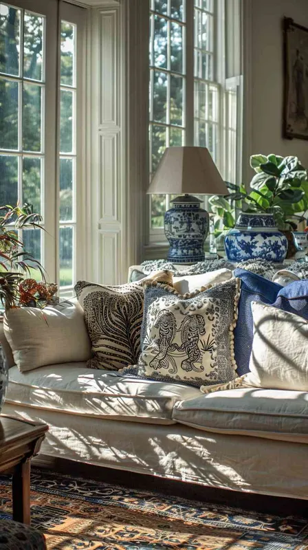 In an expansive, sunlit American-style living room enhanced by both side and frontal lighting, a spacious setting is captured to emphasize the open and airy atmosphere. A large cotton-linen fabric sofa is at the heart of the room, elegantly arranged with eight diverse throw pillows. The selection includes two with intricately designed tiger heads and others with abstract tiger motifs, complemented by geometric and botanical patterned pillows in a cool color palette that blends seamlessly with the tiger elements. The room's corners reveal carefully chosen decorations like a Chinese blue and white porcelain vase, amidst a variety of potted plants that add life and color. The use of HDR and shallow depth of field photography highlights the textures and details of the pillows against the wide and inviting backdrop of the living space, adhering to a rule of thirds composition to showcase the modern, yet cozy and slightly rustic charm of the home. --v 6.0 --ar 21:9 --style raw - style1部分
