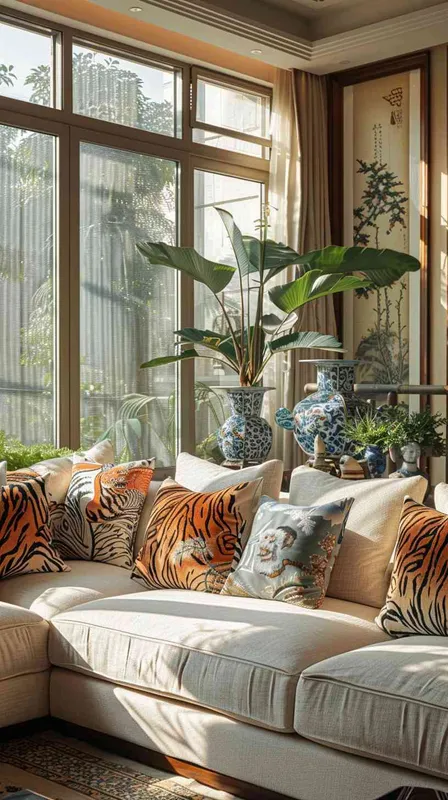 In an expansive, sunlit American-style living room enhanced by both side and frontal lighting, a spacious setting is captured to emphasize the open and airy atmosphere. A large cotton-linen fabric sofa is at the heart of the room, elegantly arranged with eight diverse throw pillows. The selection includes two with intricately designed tiger heads and others with abstract tiger motifs, complemented by geometric and botanical patterned pillows in a cool color palette that blends seamlessly with the tiger elements. The room's corners reveal carefully chosen decorations like a Chinese blue and white porcelain vase, amidst a variety of potted plants that add life and color. The use of HDR and shallow depth of field photography highlights the textures and details of the pillows against the wide and inviting backdrop of the living space, adhering to a rule of thirds composition to showcase the modern, yet cozy and slightly rustic charm of the home. --v 6.0 --ar 21:9 --style raw - style2部分