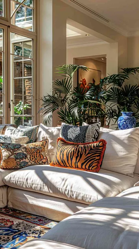 In an expansive, sunlit American-style living room enhanced by both side and frontal lighting, a spacious setting is captured to emphasize the open and airy atmosphere. A large cotton-linen fabric sofa is at the heart of the room, elegantly arranged with eight diverse throw pillows. The selection includes two with intricately designed tiger heads and others with abstract tiger motifs, complemented by geometric and botanical patterned pillows in a cool color palette that blends seamlessly with the tiger elements. The room's corners reveal carefully chosen decorations like a Chinese blue and white porcelain vase, amidst a variety of potted plants that add life and color. The use of HDR and shallow depth of field photography highlights the textures and details of the pillows against the wide and inviting backdrop of the living space, adhering to a rule of thirds composition to showcase the modern, yet cozy and slightly rustic charm of the home. --v 6.0 --ar 21:9 --style raw - style3部分